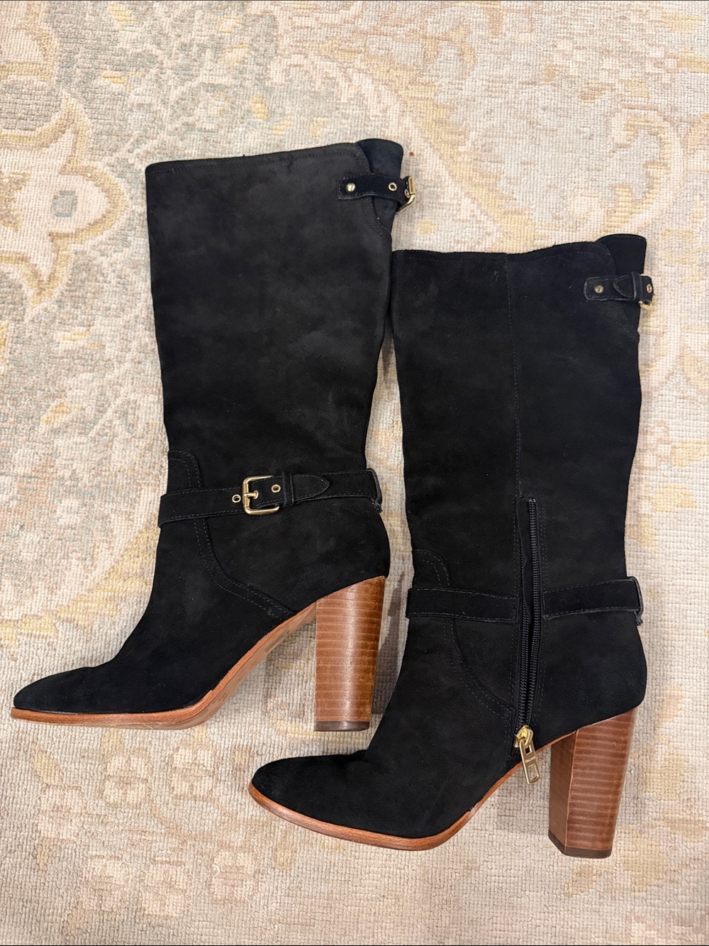 COACH Black Suede Mid-Calf Heel Boots with Buckle